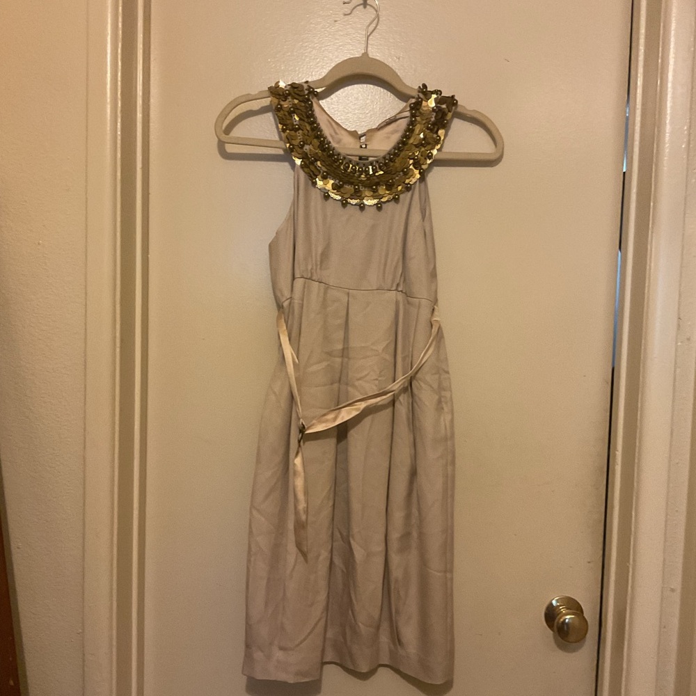 Anthropologie Cream Dress with Gold Sequin Collar